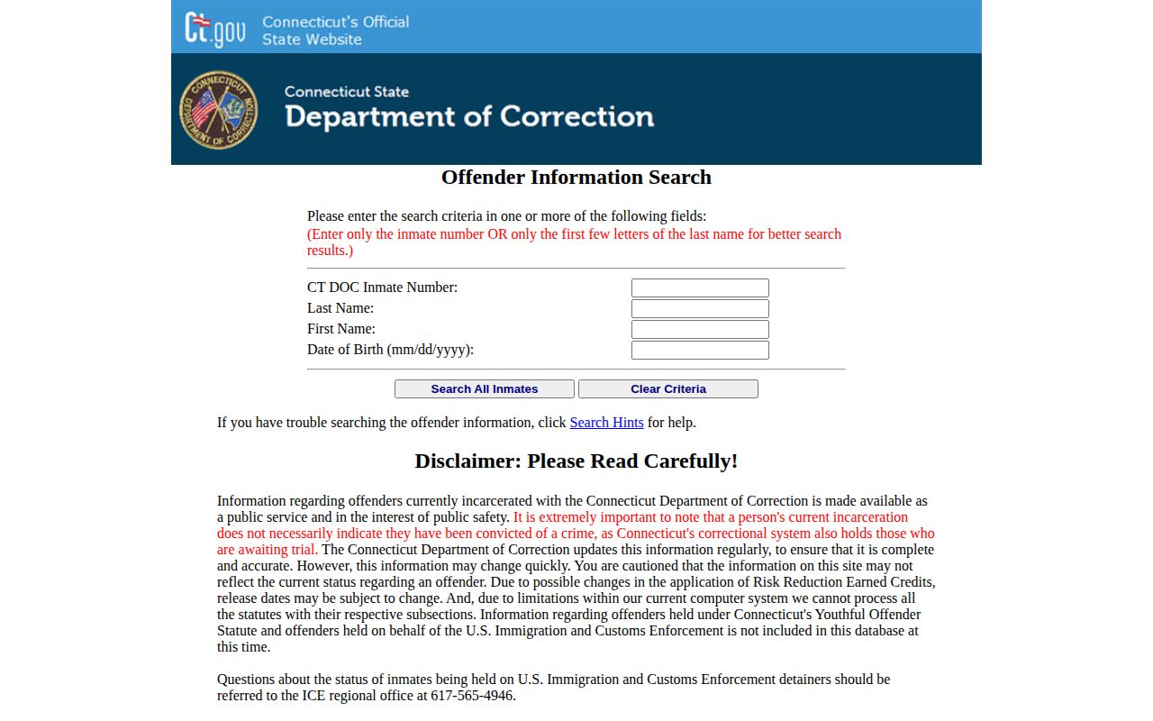 CT DOC search for Danbury arrest custody and inmate records