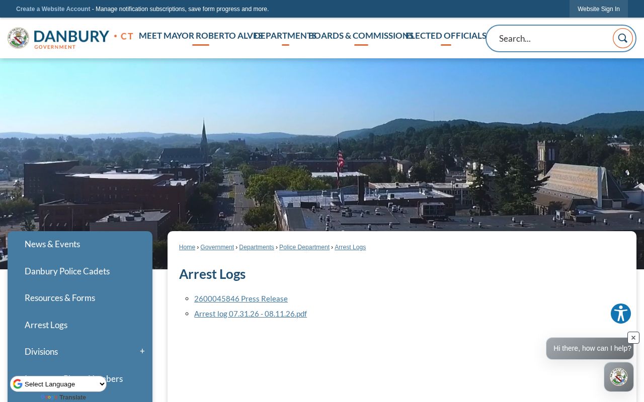 Danbury Police busted arrest log landing page and booking record window